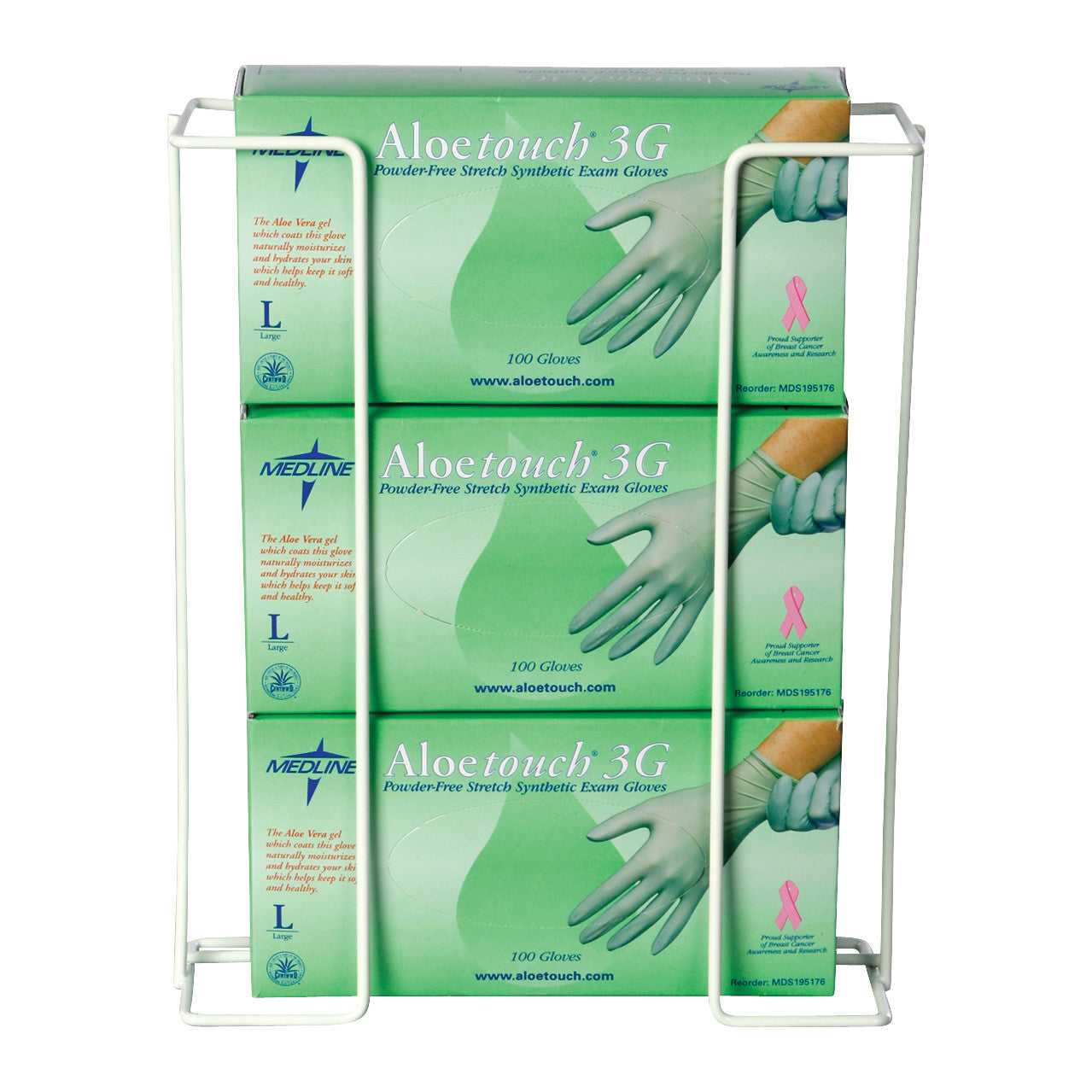 AliMed Wire Glove Dispenser holding boxes of Aloetouch 3G powder-free synthetic exam gloves with a breast cancer awareness ribbon.
