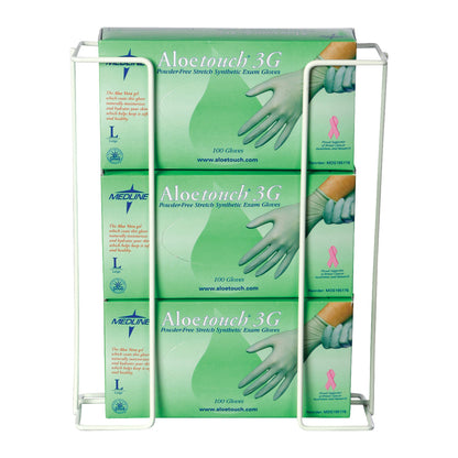AliMed Wire Glove Dispenser holding boxes of Aloetouch 3G powder-free synthetic exam gloves with a breast cancer awareness ribbon.