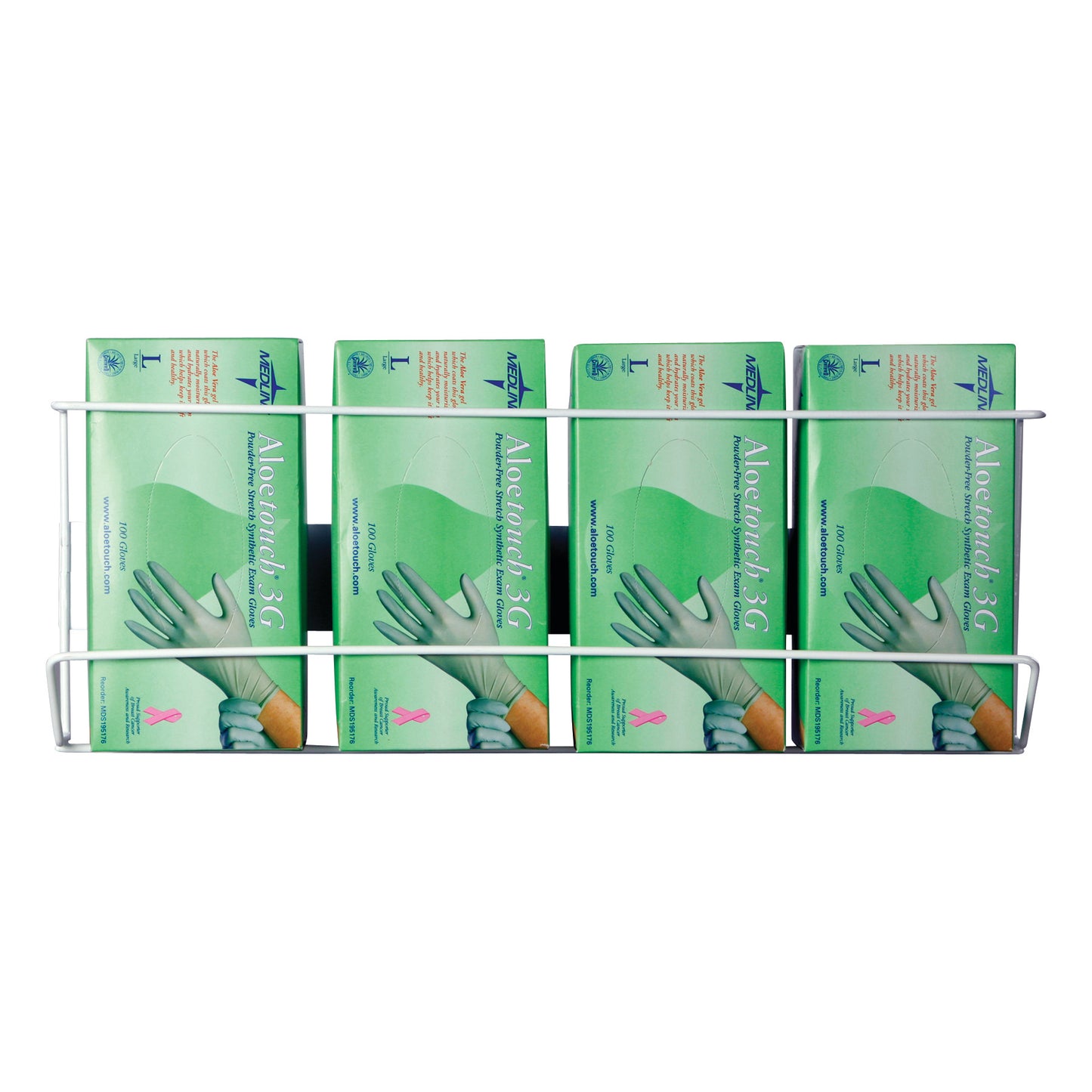 AliMed Wire Glove Dispenser holds four boxes of Aloetouch 3G latex-free gloves, each box displaying gloves and a pink ribbon symbol.