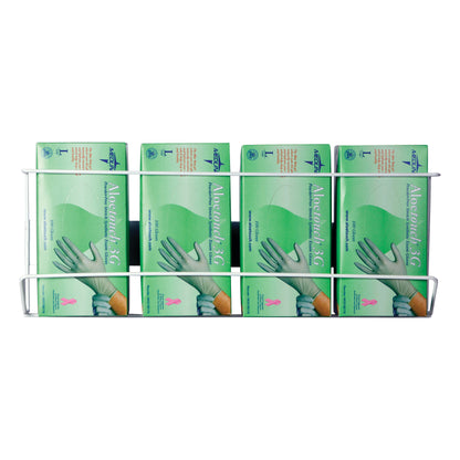 AliMed Wire Glove Dispenser holds four boxes of Aloetouch 3G latex-free gloves, each box displaying gloves and a pink ribbon symbol.