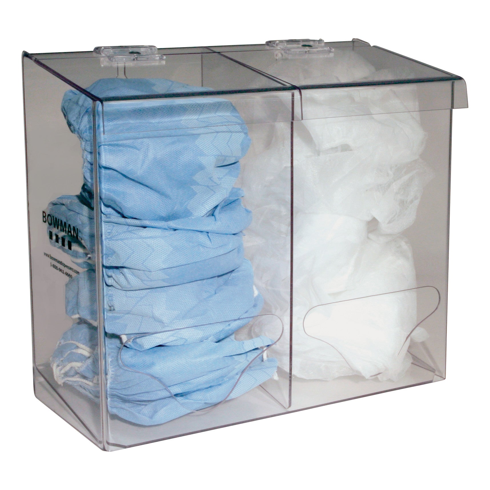 Bowman Bulk Glove Dispenser holding stacked pairs of blue and white disposable gloves, each compartment covered with a clear lid.