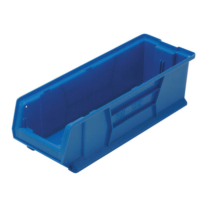 A blue plastic Quantum Hulk Container, open-topped and rectangular, designed for storage and organization.