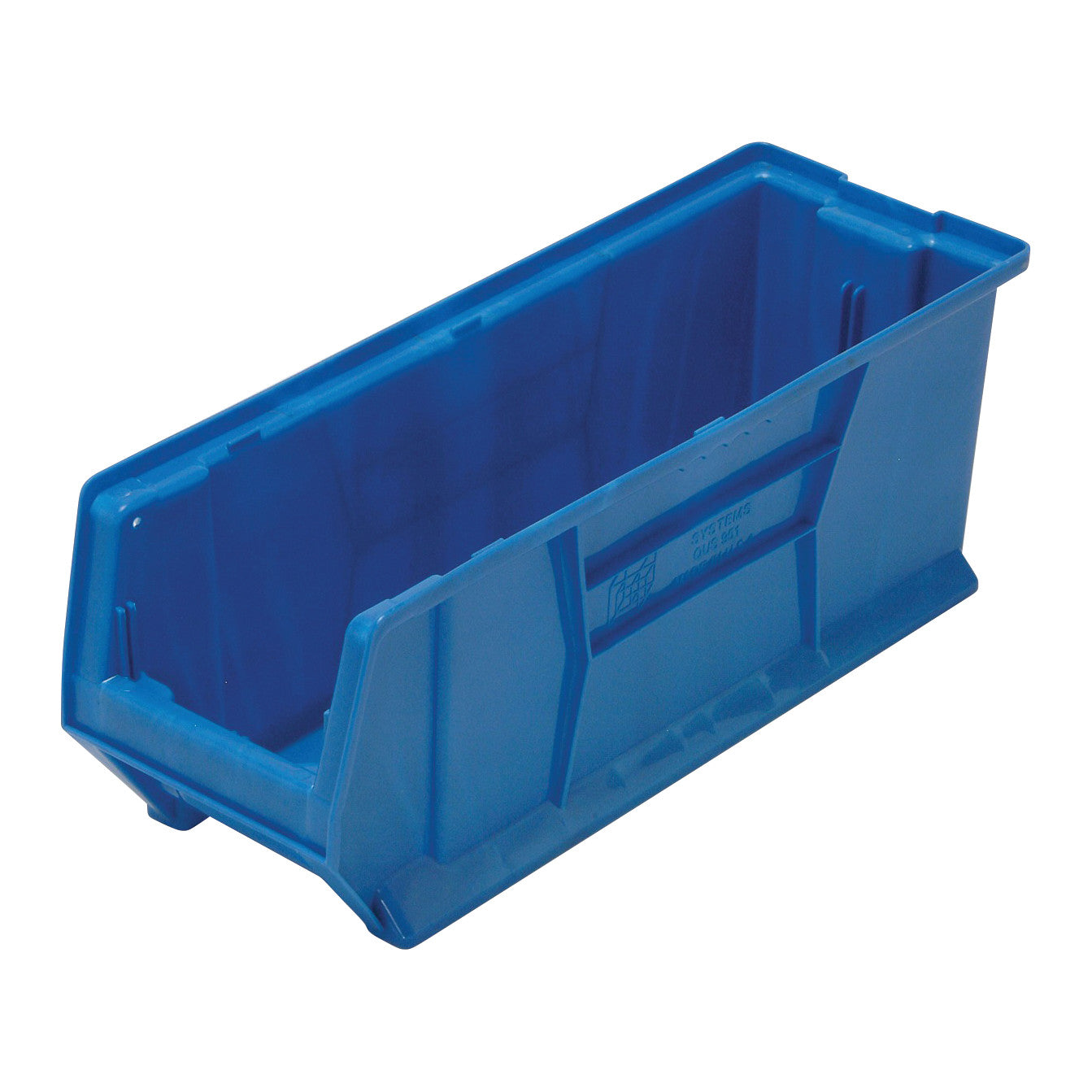 A blue plastic Quantum Hulk Container with an open top and angled front, designed for storage and organization.