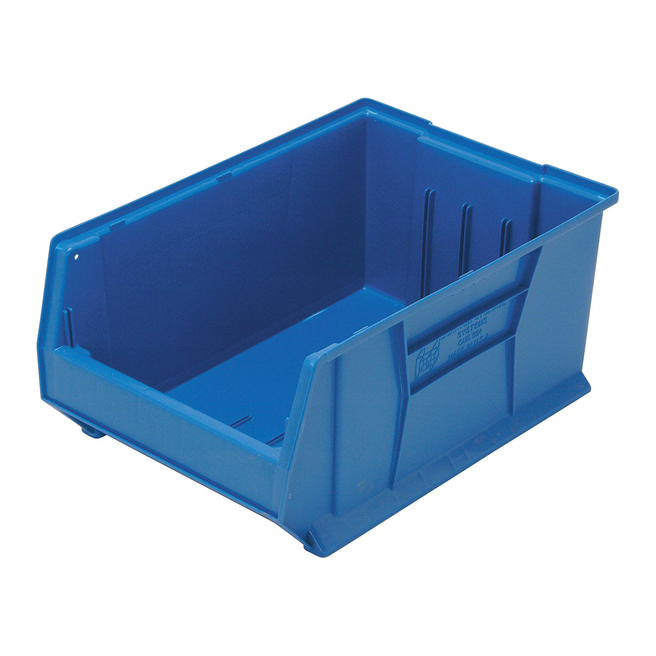 A blue Quantum Hulk Container with an open front for easy access, designed for storage and organization.
