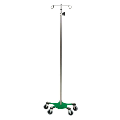 A Five-Leg Color-Coded Space-Saving IV Pole with a green base and wheels. It has multiple hooks at the top for IV bags.