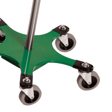 A Five-Leg Color-Coded Space-Saving IV Pole with a green base and swiveling caster wheels for easy mobility.