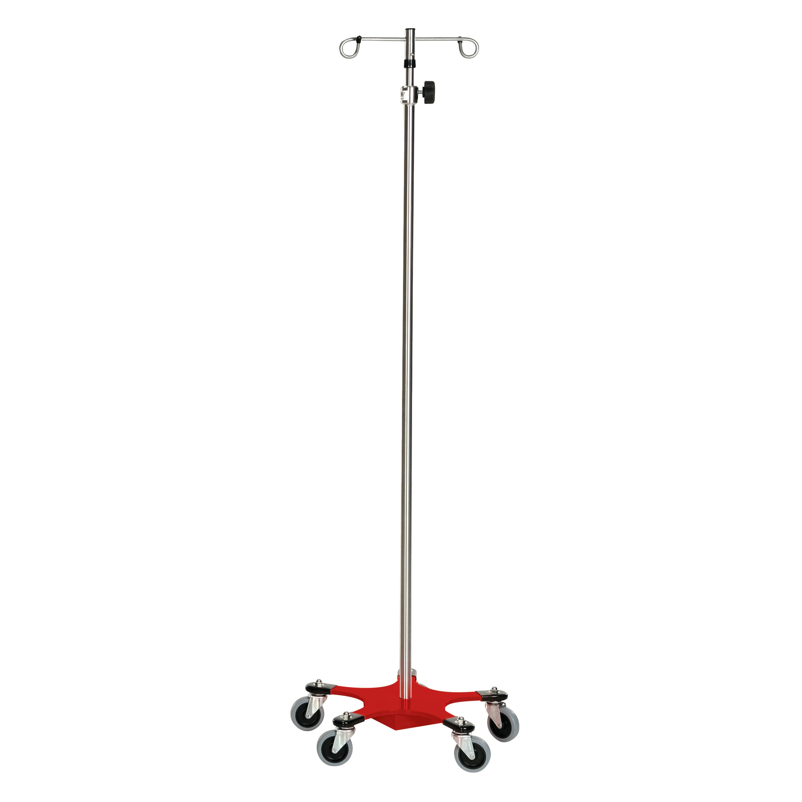 A Five-Leg Color-Coded Space-Saving IV Pole with a red base and wheels, featuring a stainless steel rod and dual hooks.