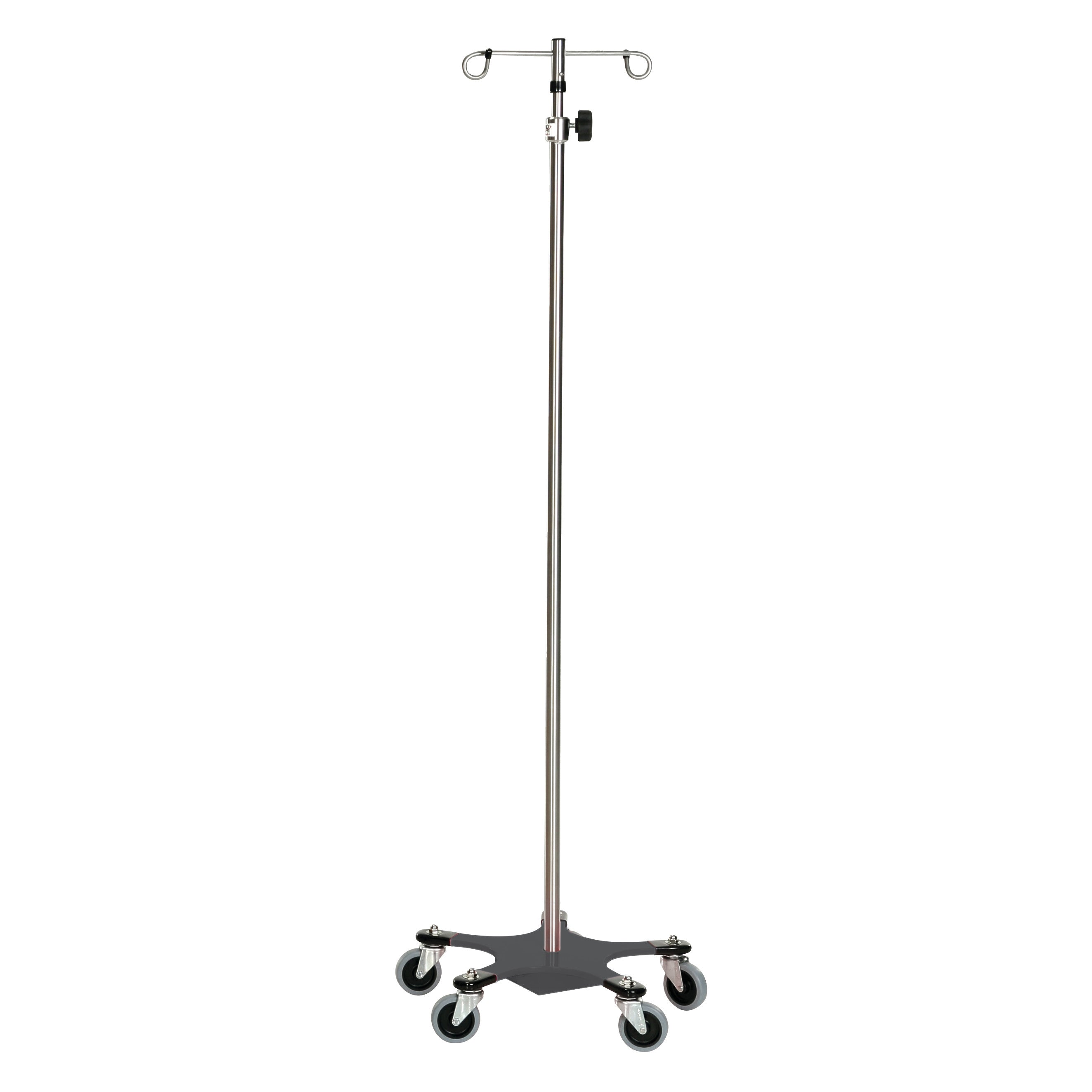Medical-grade Five-Leg Color-Coded Space-Saving IV Pole with adjustable height and four hooks on caster wheels for mobility.