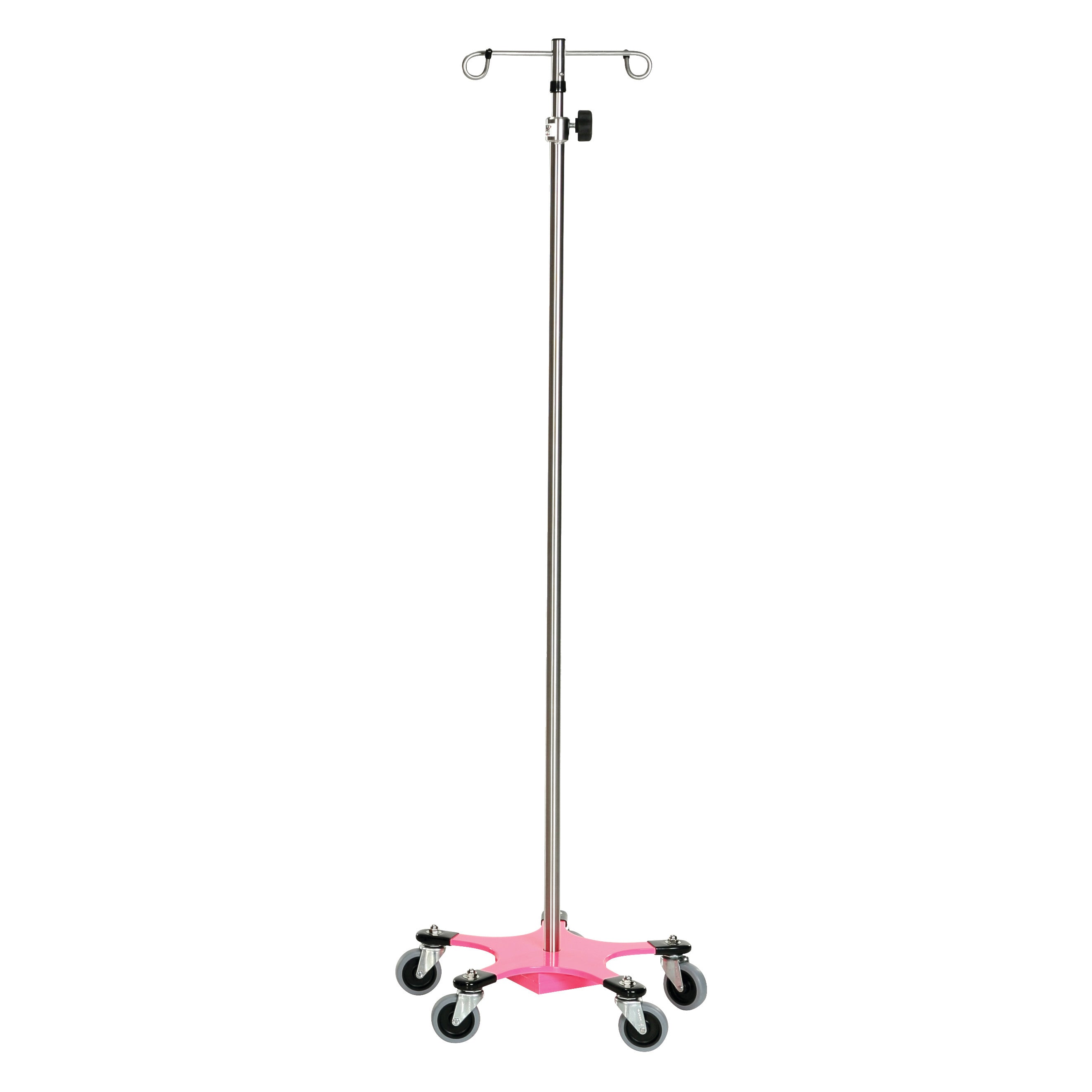 Five-Leg Color-Coded Space-Saving IV Pole with a silver finish, featuring a pink base and wheels, designed for mobility and support.