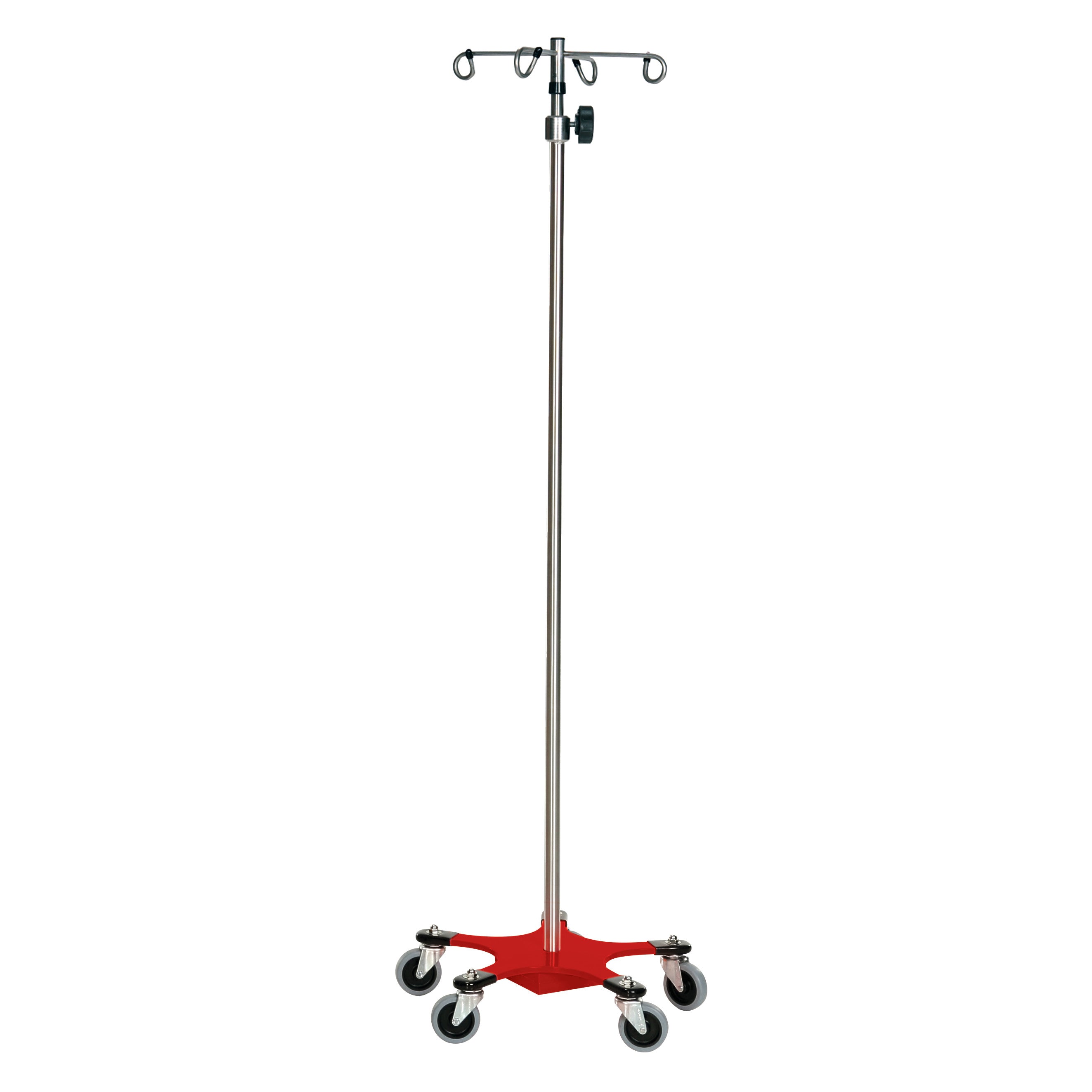 The Five-Leg Color-Coded Space-Saving IV Pole features a red base, stainless steel shaft, hooks, and wheels for mobility.