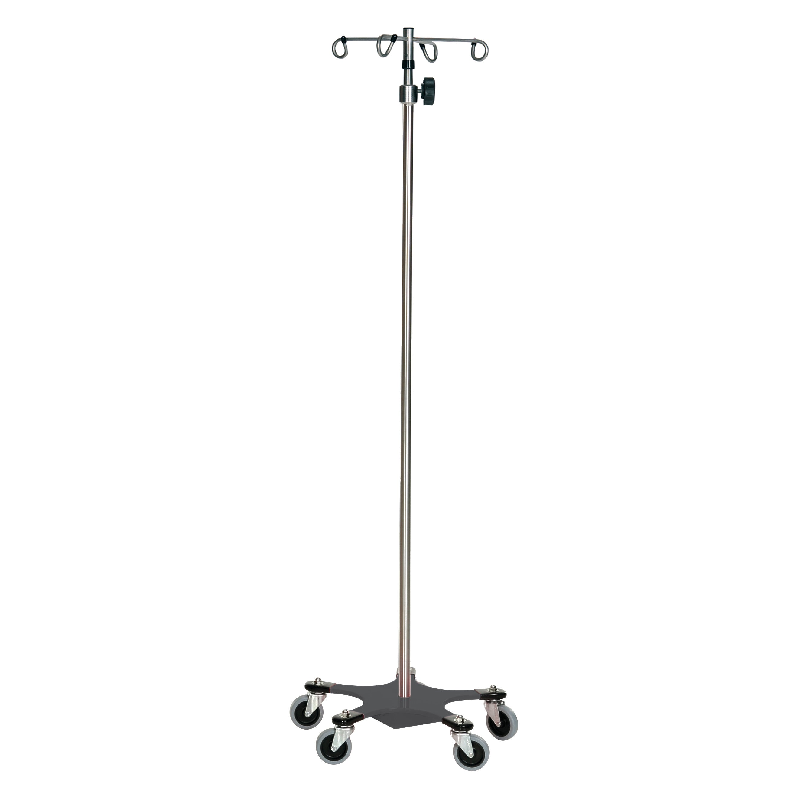 The Five-Leg Color-Coded Space-Saving IV Pole has a metal frame with five wheels and four hooks at the top for hanging IV bags.
