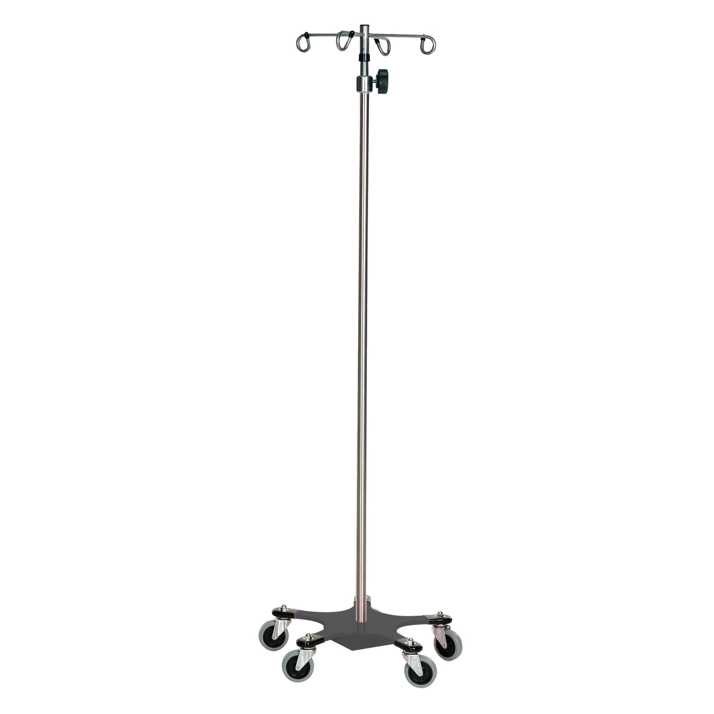 The Five-Leg Color-Coded Space-Saving IV Pole has a metal frame with five wheels and four hooks at the top for hanging IV bags.