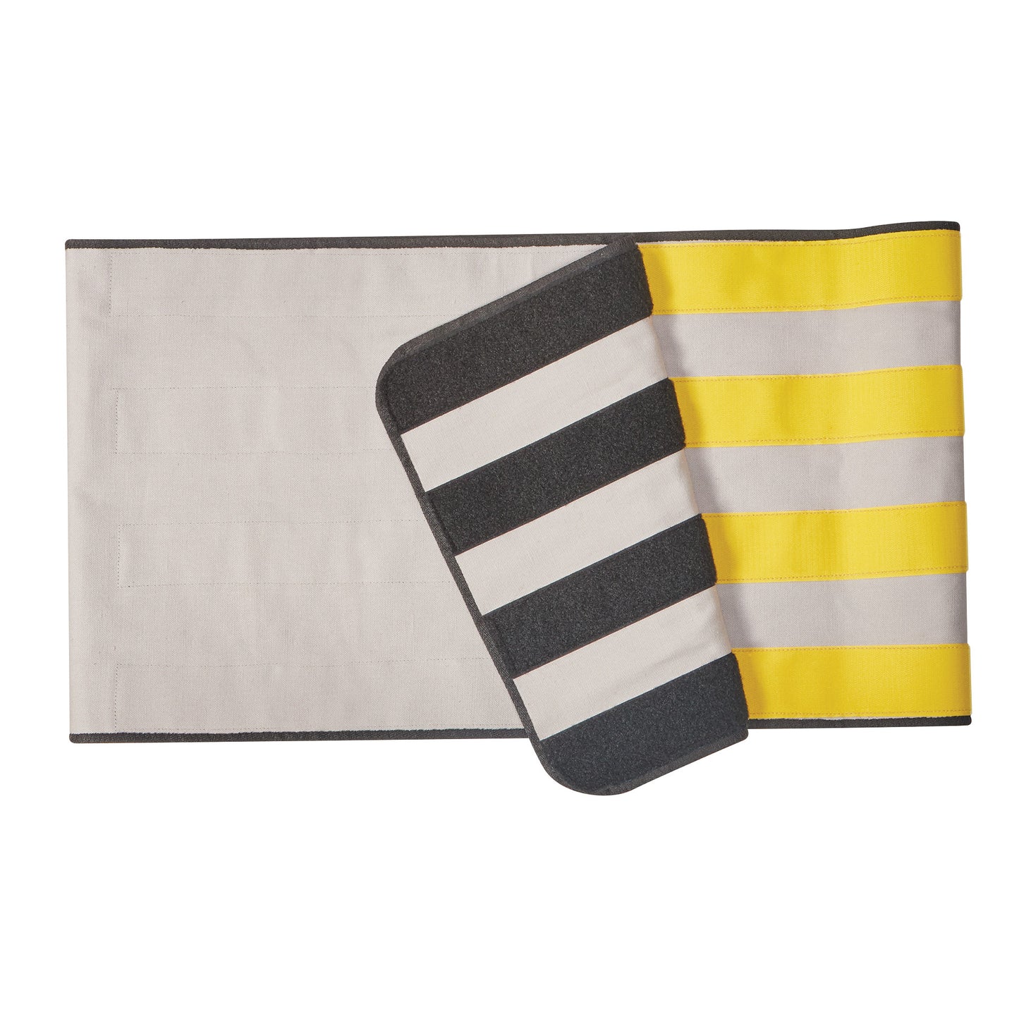 AliMed Radiolucent Abdominal Immobilizer with One Closure featuring black and yellow striped design on a light grey background.