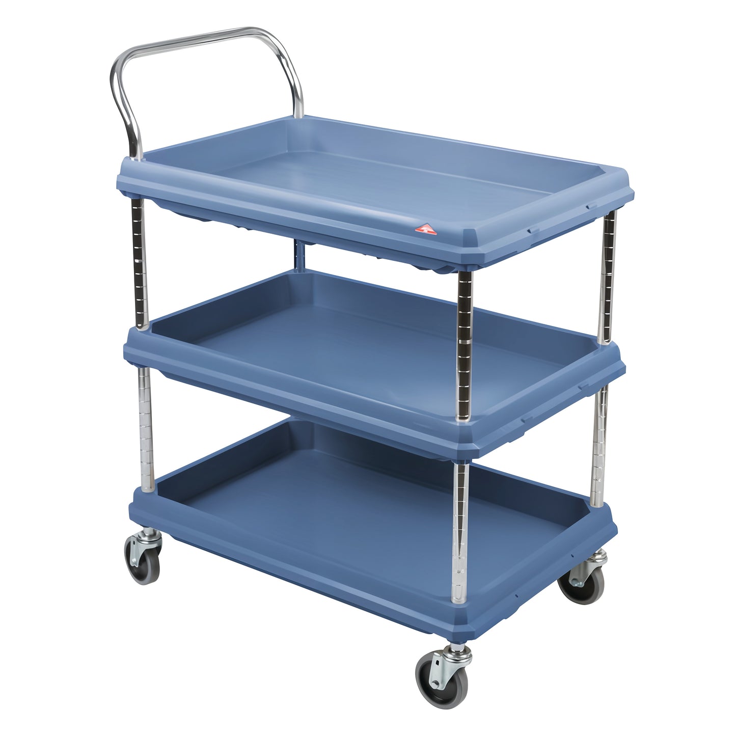 Metro Deep Ledge Utility Cart with Microban, featuring three blue plastic shelves, a metal handle, and swivel casters.