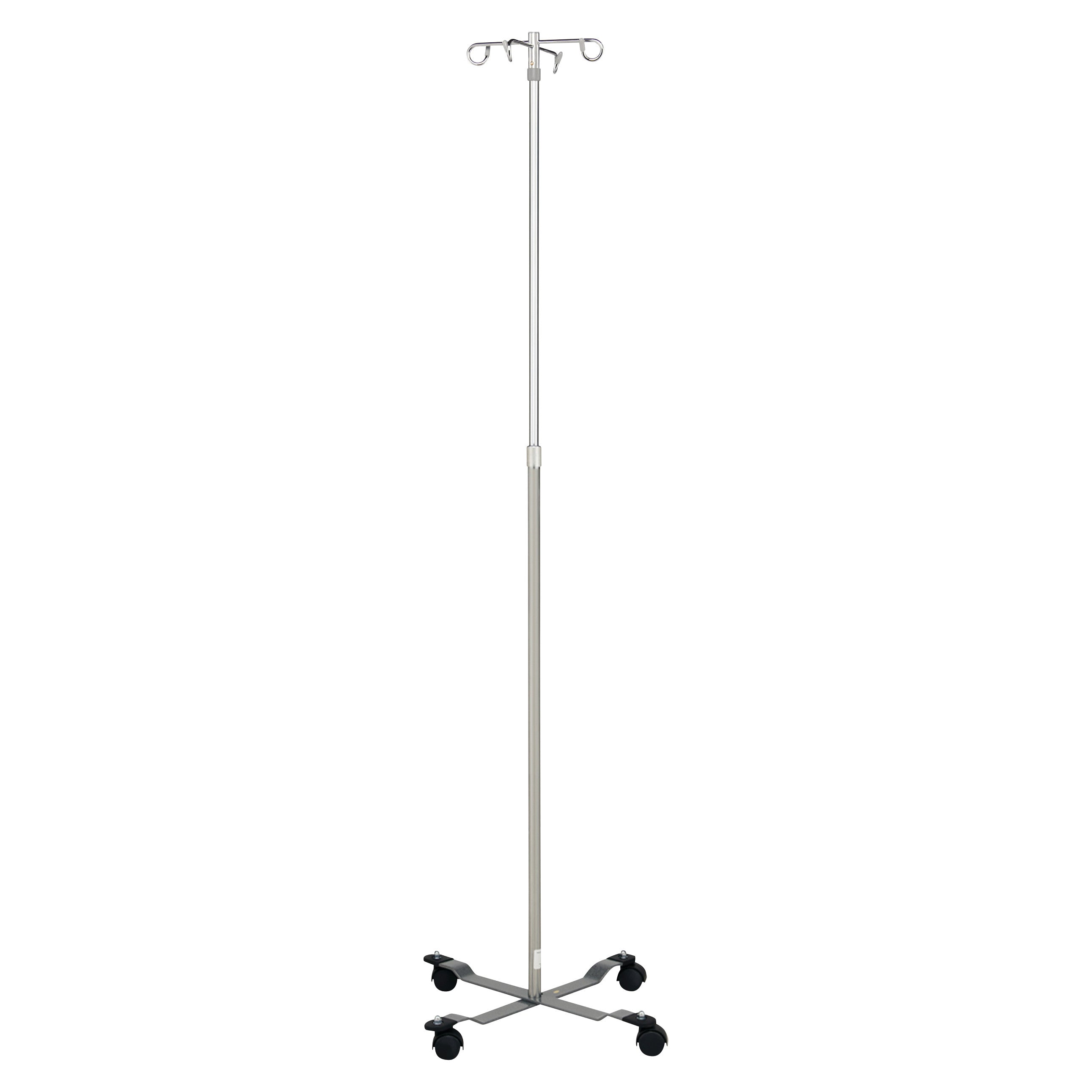 Blickman Four-Leg Chrome IV Stand with Standard Base featuring four hooks and wheels for mobility.