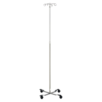 Blickman Four-Leg Chrome IV Stand with Standard Base featuring four hooks and wheels for mobility.