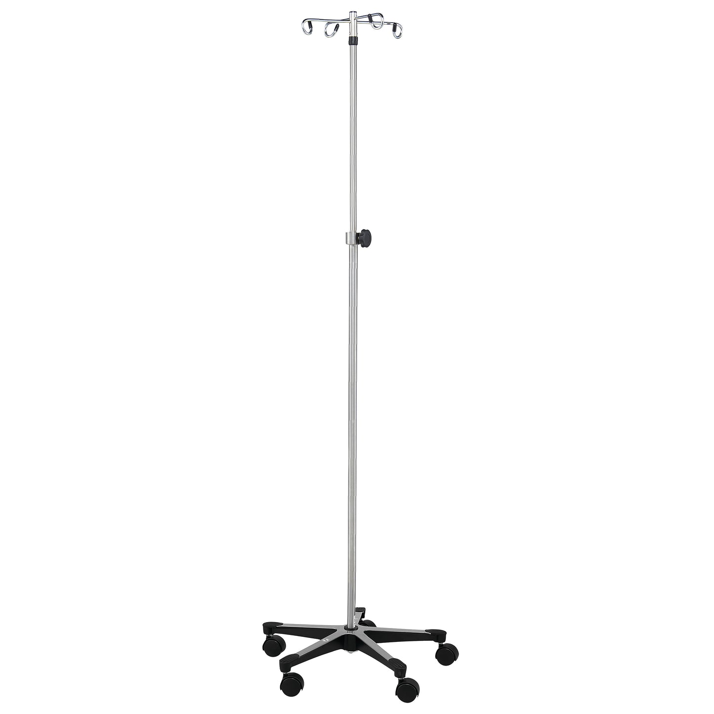 Blickman Five-Leg Chrome IV Stand with caster wheels and adjustable metal pole for holding IV bags in medical settings.