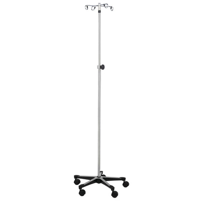 Blickman Five-Leg Chrome IV Stand with caster wheels and adjustable metal pole for holding IV bags in medical settings.