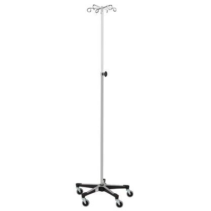A Blickman Five-Leg Chrome IV Stand with four hooks, adjustable height, and wheels on a five-legged base for mobility.