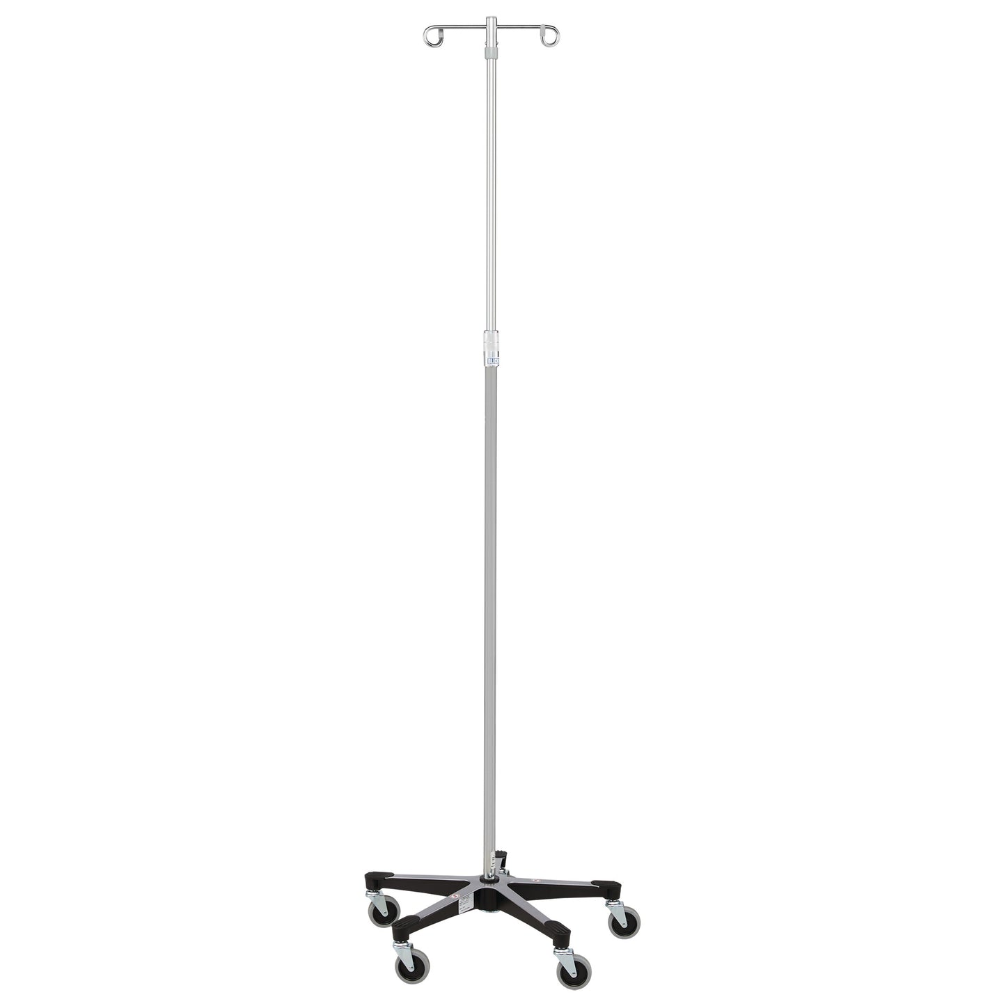 Blickman Five-Leg Stainless Steel IV Stand with Twist Lock features hooks for IV bags and wheels for mobility on its sturdy base.