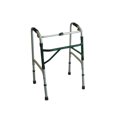 A Folding Adjustable-Height Walker with a lightweight metal frame, black grips, and adjustable legs for user support and mobility.