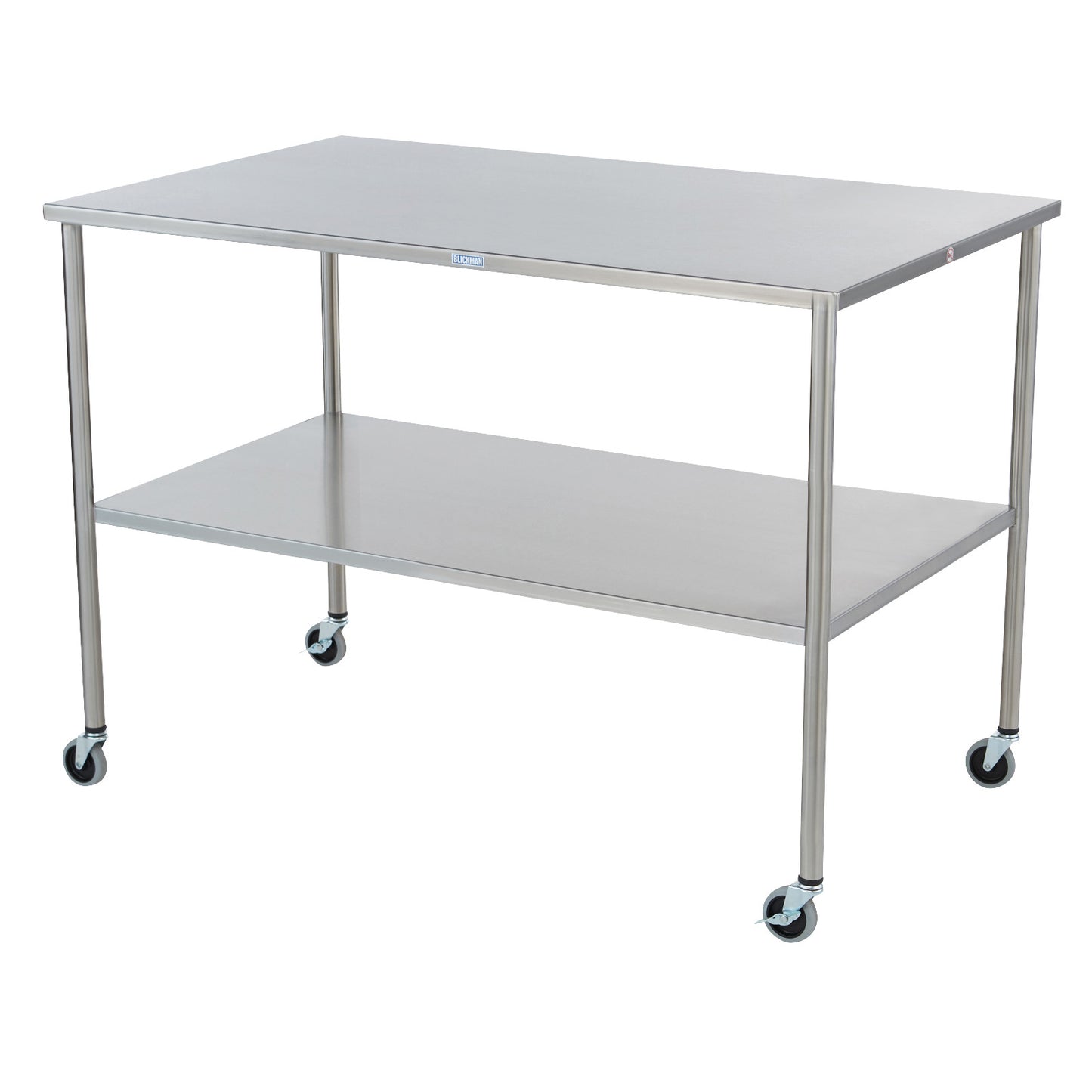 Blickman Howard Instrument Table with a metal top, an undershelf for storage, and swivel casters for mobility.