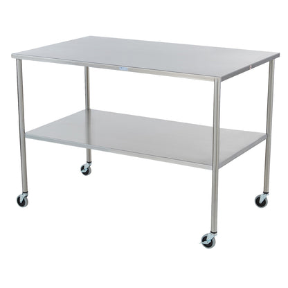 Blickman Howard Instrument Table with a metal top, an undershelf for storage, and swivel casters for mobility.
