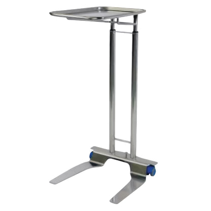 The Pedigo Double-Post Mayo Stand features a stainless steel tray supported by dual posts, mounted on a wheeled base for mobility.