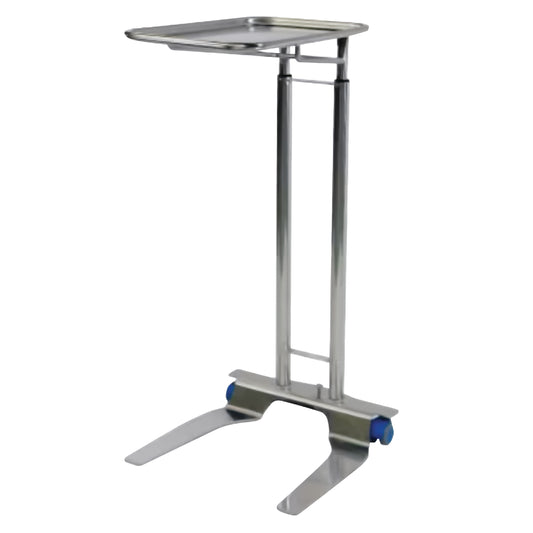 The Pedigo Double-Post Mayo Stand features a stainless steel tray supported by dual posts, mounted on a wheeled base for mobility.