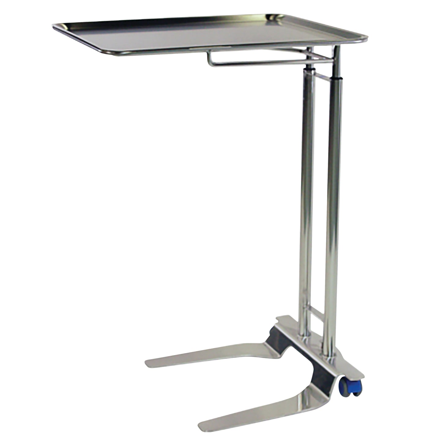 The Pedigo Double-Post Mayo Stand is adjustable, made of stainless steel, with a flat rectangular tray and a wheeled base.