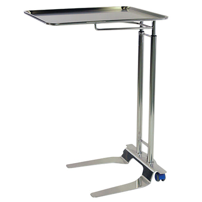The Pedigo Double-Post Mayo Stand is adjustable, made of stainless steel, with a flat rectangular tray and a wheeled base.