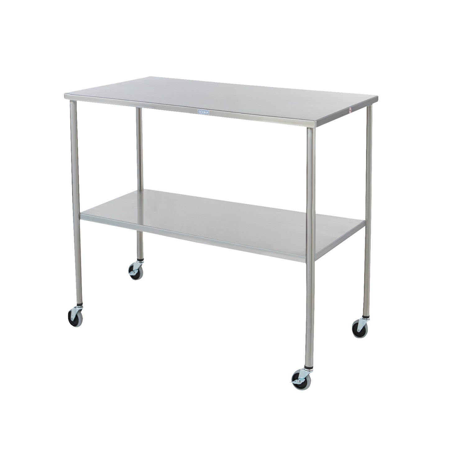 Blickman Howard Instrument Table with a stainless steel design, featuring a lower shelf and four wheels for mobility.