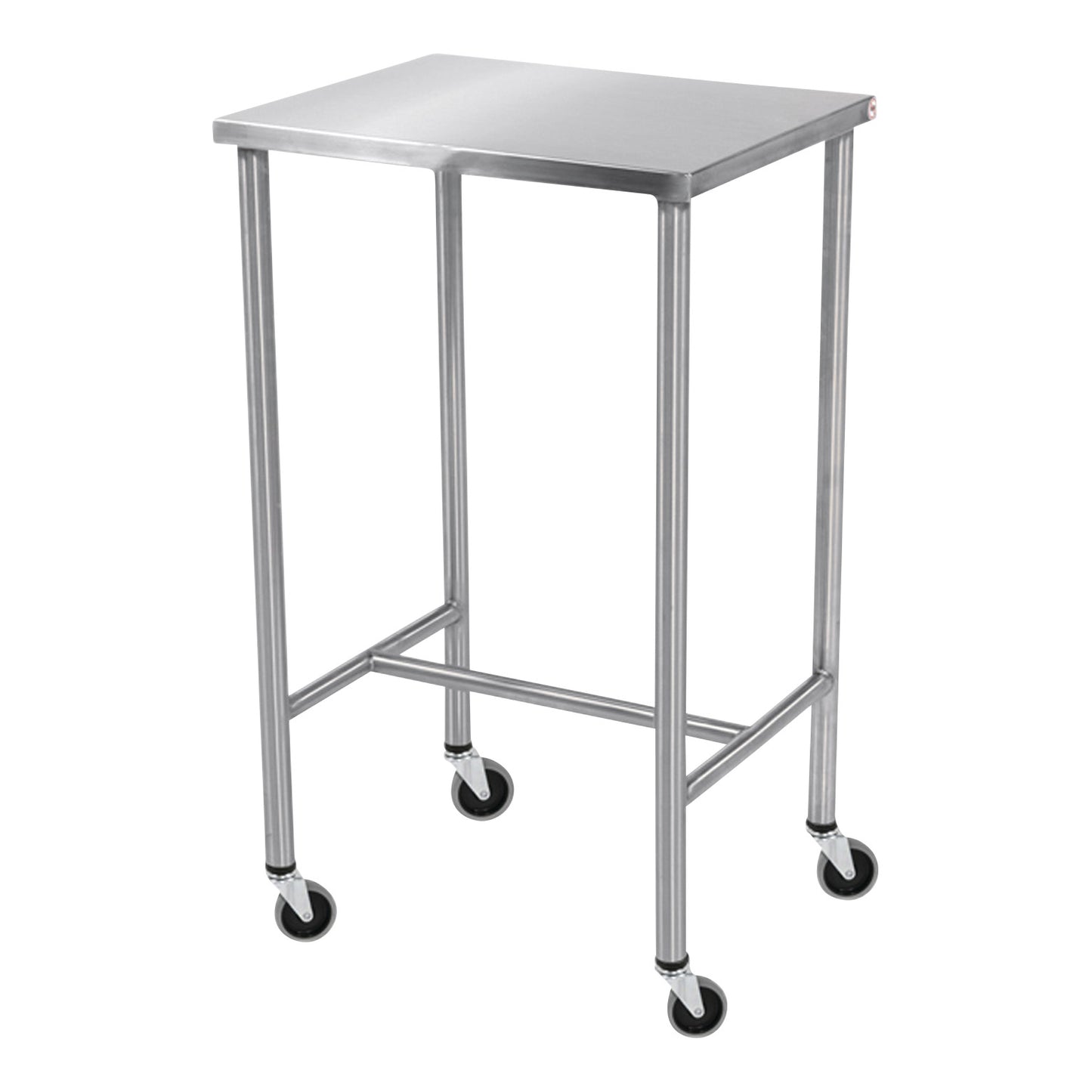 The Blickman Sawyer Instrument Table is a stainless steel table with four caster wheels, designed for medical or laboratory use.