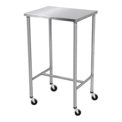 Blickman Sawyer Instrument Table with a stainless steel top, four legs, and rolling casters is designed for medical or lab use.