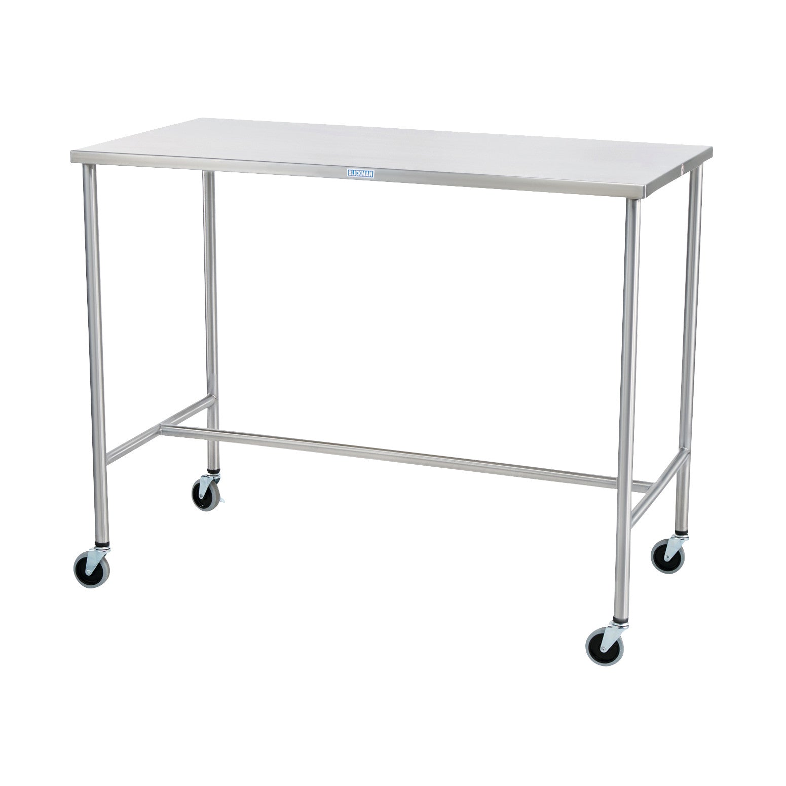 The Blickman Sawyer Instrument Table is a stainless steel mobile table with four wheels, designed for medical or laboratory use.
