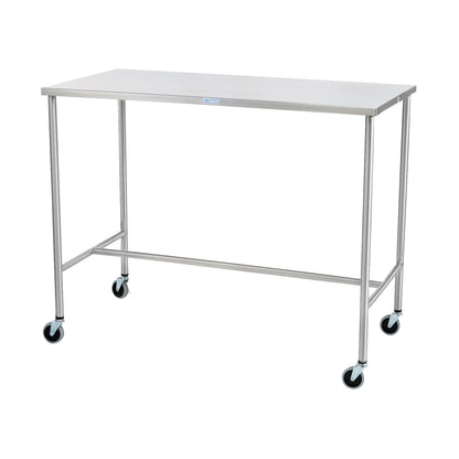 The Blickman Sawyer Instrument Table is a stainless steel mobile table with four wheels, designed for medical or laboratory use.