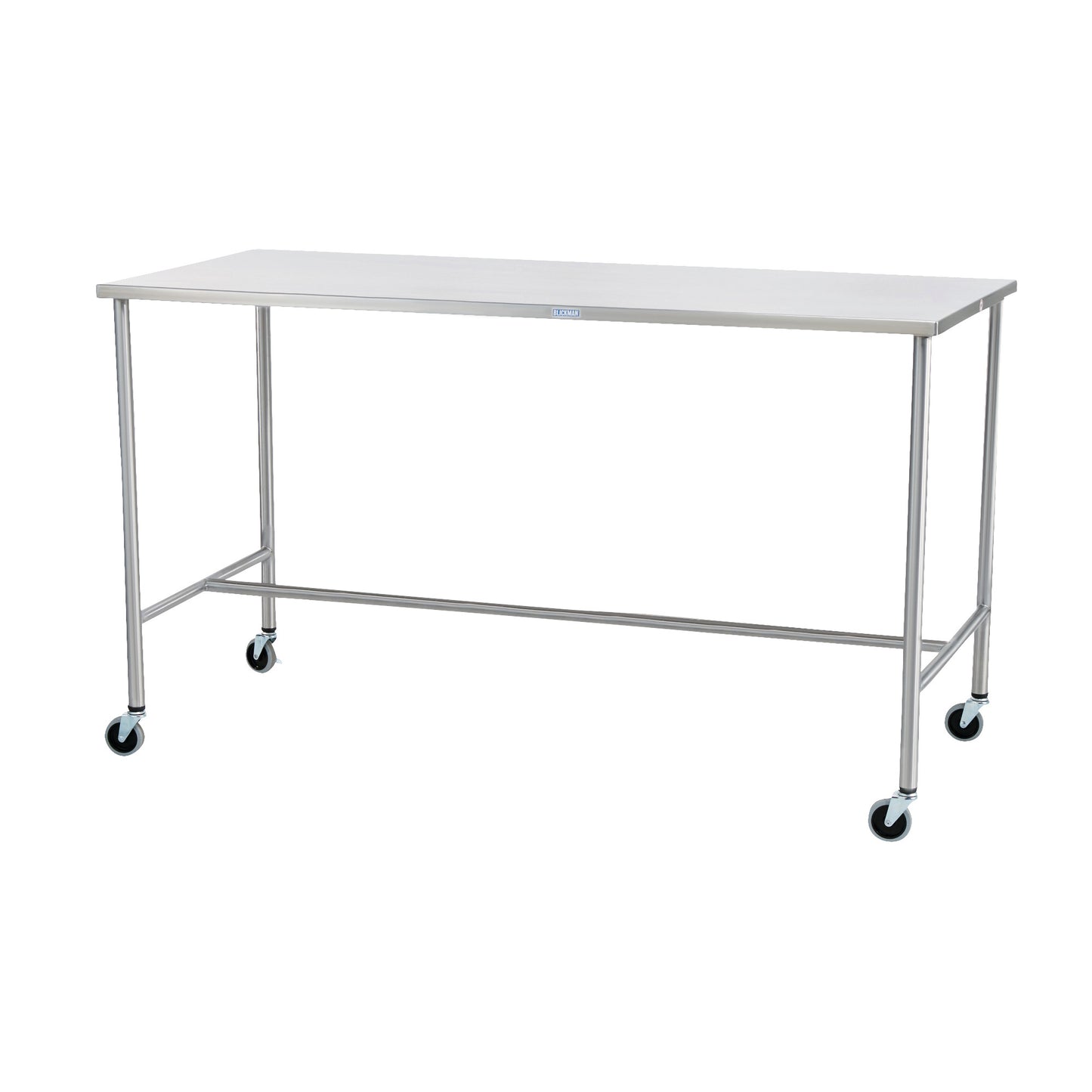 Blickman Sawyer Instrument Table with stainless steel top and legs, featuring four wheels for mobility, designed for medical use.