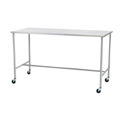 Blickman Sawyer Instrument Table with stainless steel top and legs, featuring four wheels for mobility, designed for medical use.