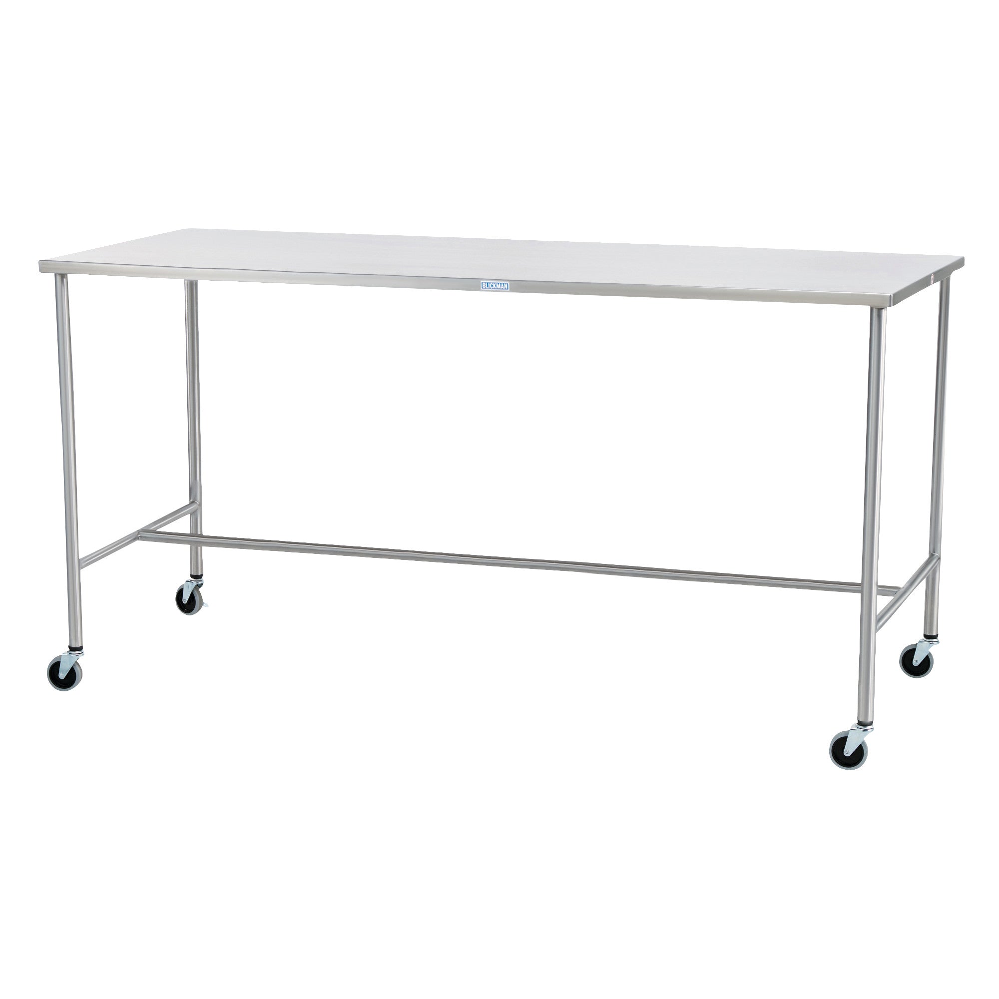 A Blickman Sawyer Instrument Table with a stainless steel top, four legs, and wheels for easy mobility.