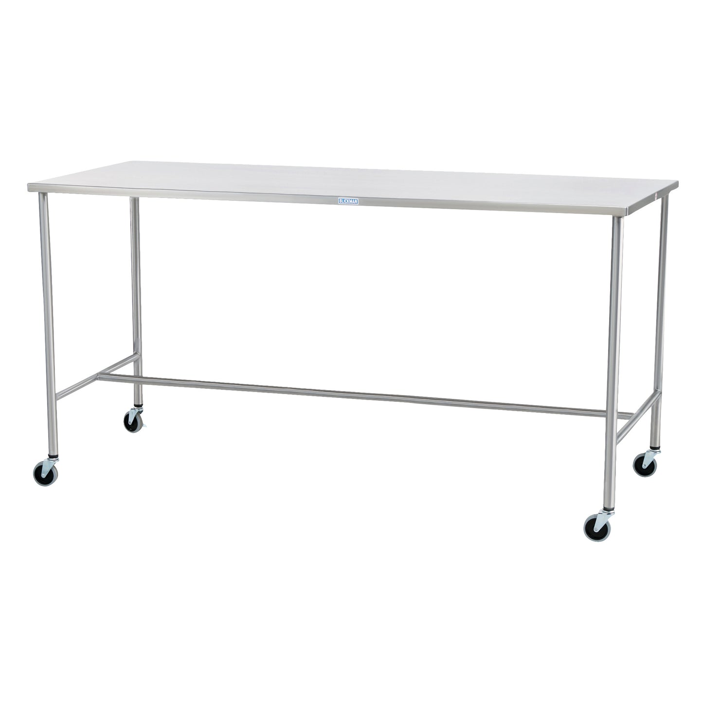 A Blickman Sawyer Instrument Table with a stainless steel top, four legs, and wheels for easy mobility.