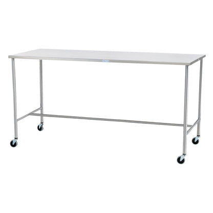 A Blickman Sawyer Instrument Table with a stainless steel top, four legs, and wheels for easy mobility.