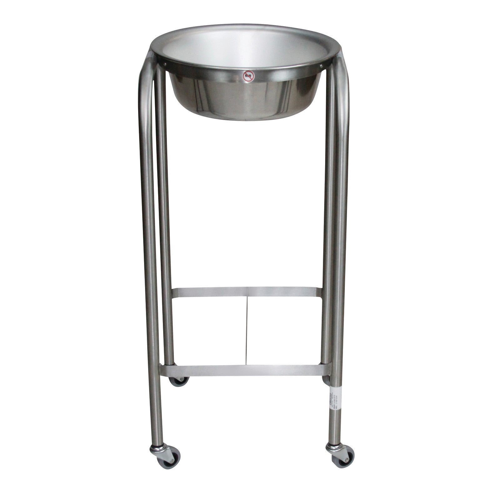 Blickman Single Basin Solution Stand with a stainless steel basin mounted on four-legged frame with wheels for mobility.