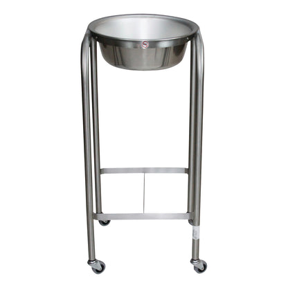 Blickman Single Basin Solution Stand with a stainless steel basin mounted on four-legged frame with wheels for mobility.