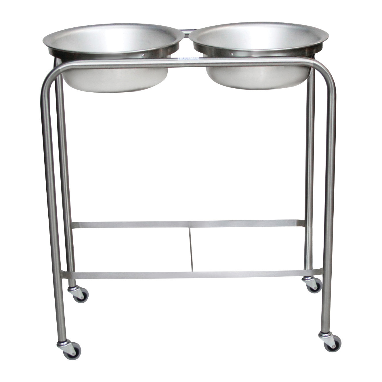 Blickman Double Basin Solution Stand featuring two stainless steel basins on a mobile stand with four caster wheels.