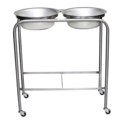 Blickman Double Basin Solution Stand featuring two stainless steel basins on a mobile stand with four caster wheels.