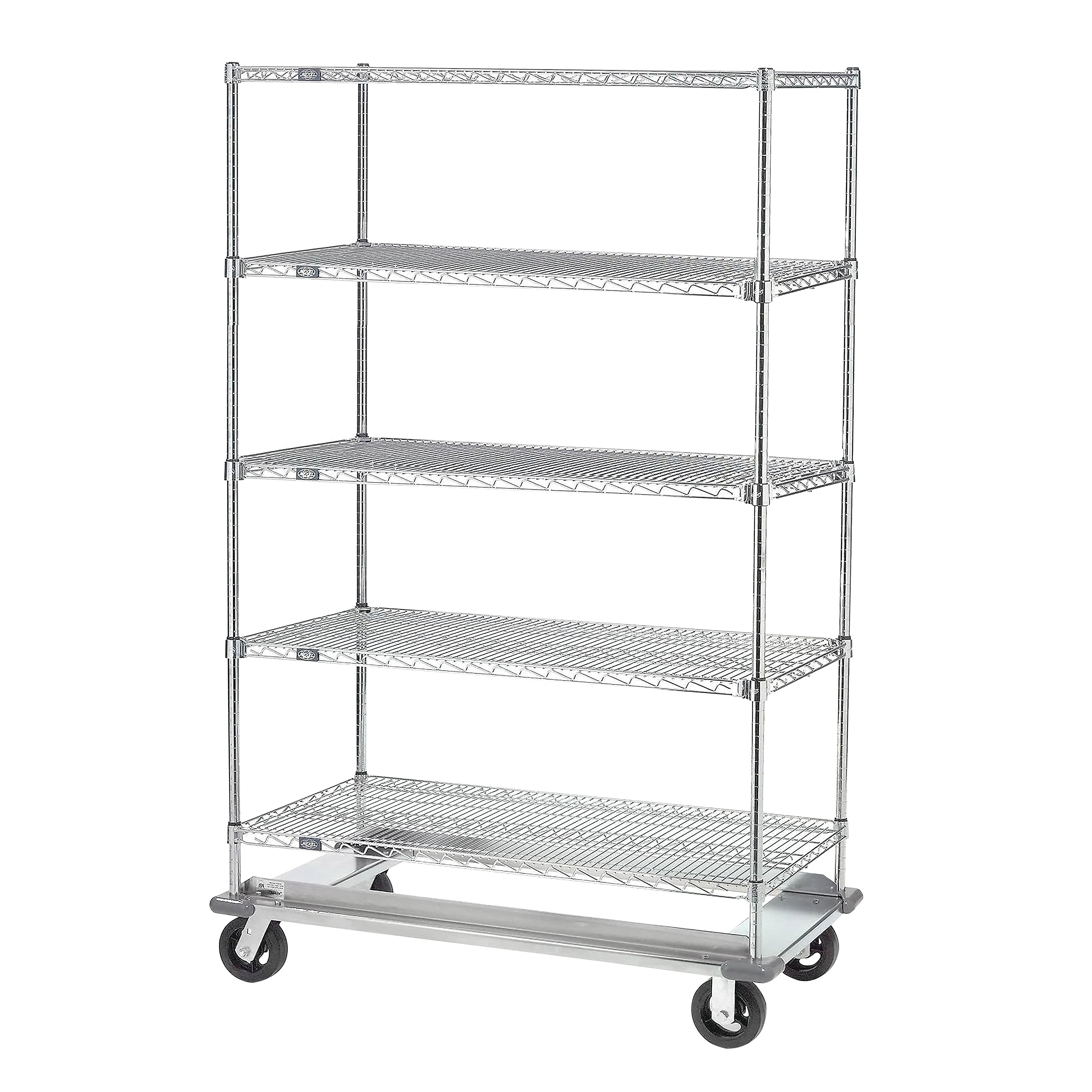 A Nexel Open Exchange and Linen Transport Truck with five wire shelves and four wheels for storage and transportation.