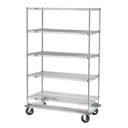 A Nexel Open Exchange and Linen Transport Truck with five wire shelves and four wheels for storage and transportation.