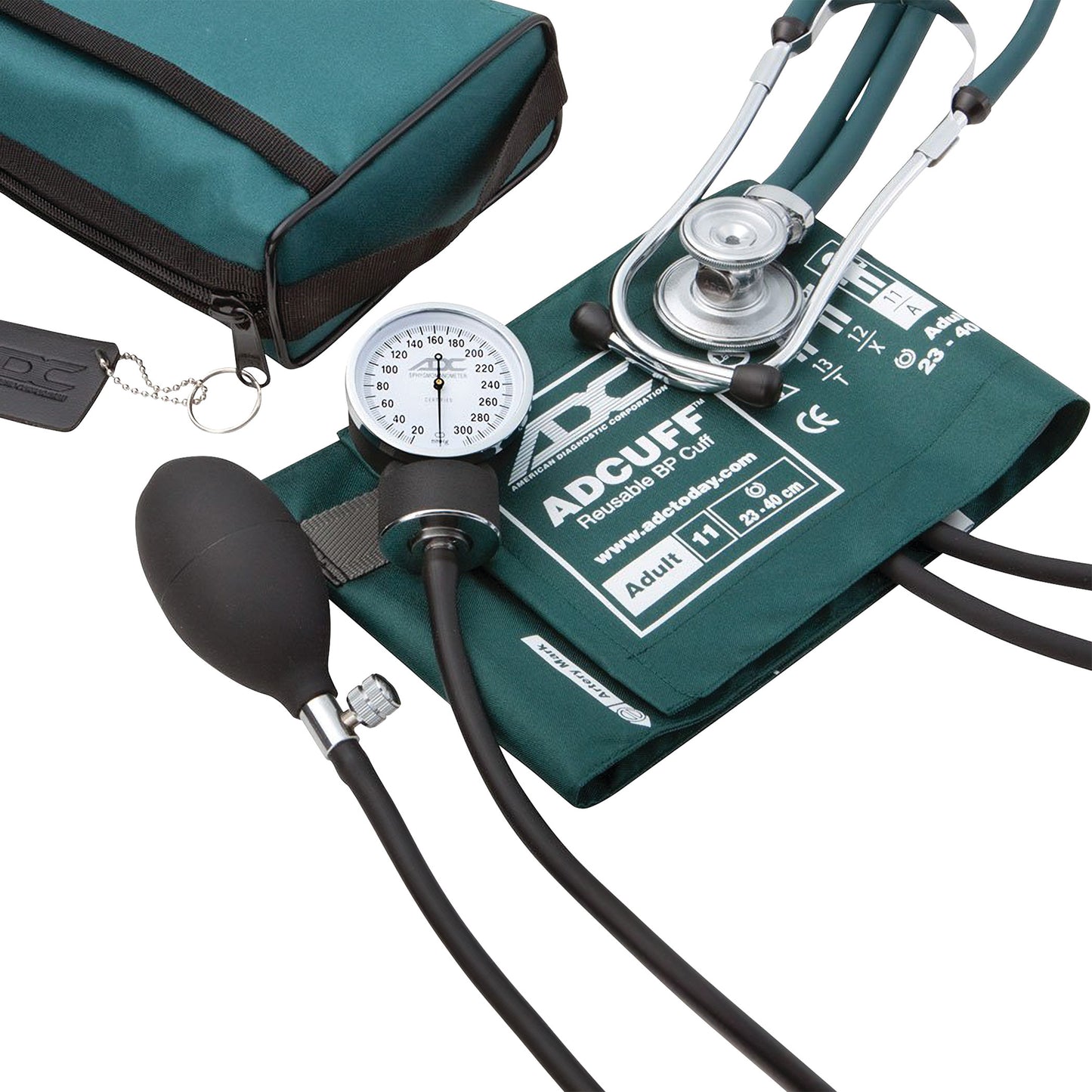 ADC Pro's Combo II SR Pocket Aneroid/Sprague Kit includes a stethoscope, blood pressure cuff, gauge, and a zippered carrying case.