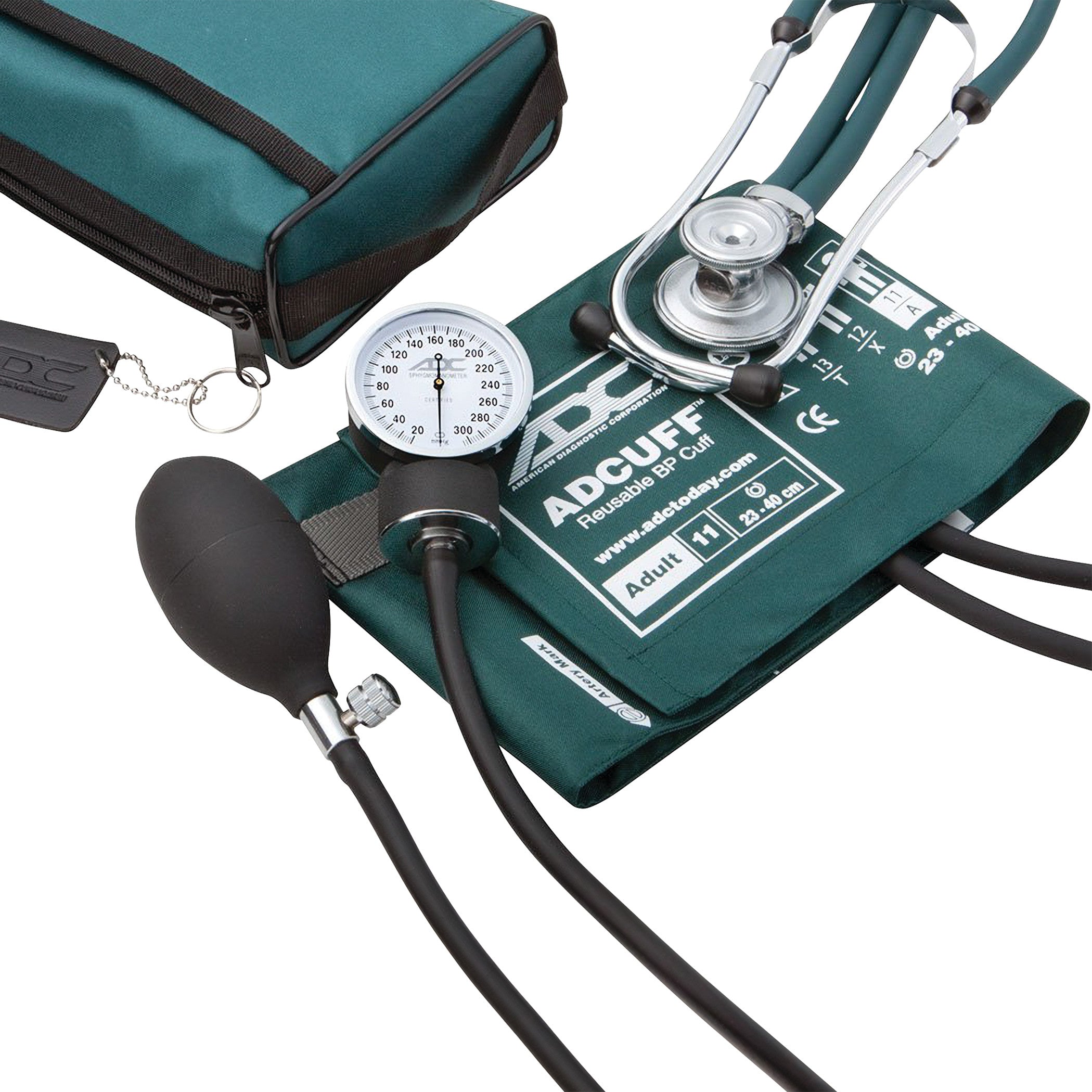 ADC Pro's Combo II SR Pocket Aneroid/Sprague Kit includes a stethoscope, blood pressure cuff, gauge, and a zippered carrying case.