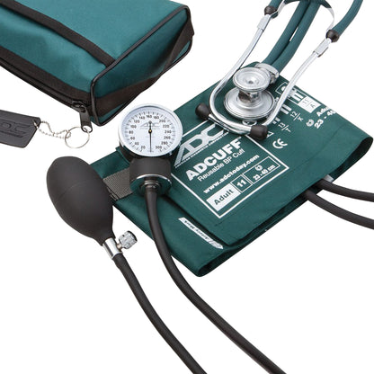 ADC Pro's Combo II SR Pocket Aneroid/Sprague Kit includes a stethoscope, blood pressure cuff, gauge, and a zippered carrying case.